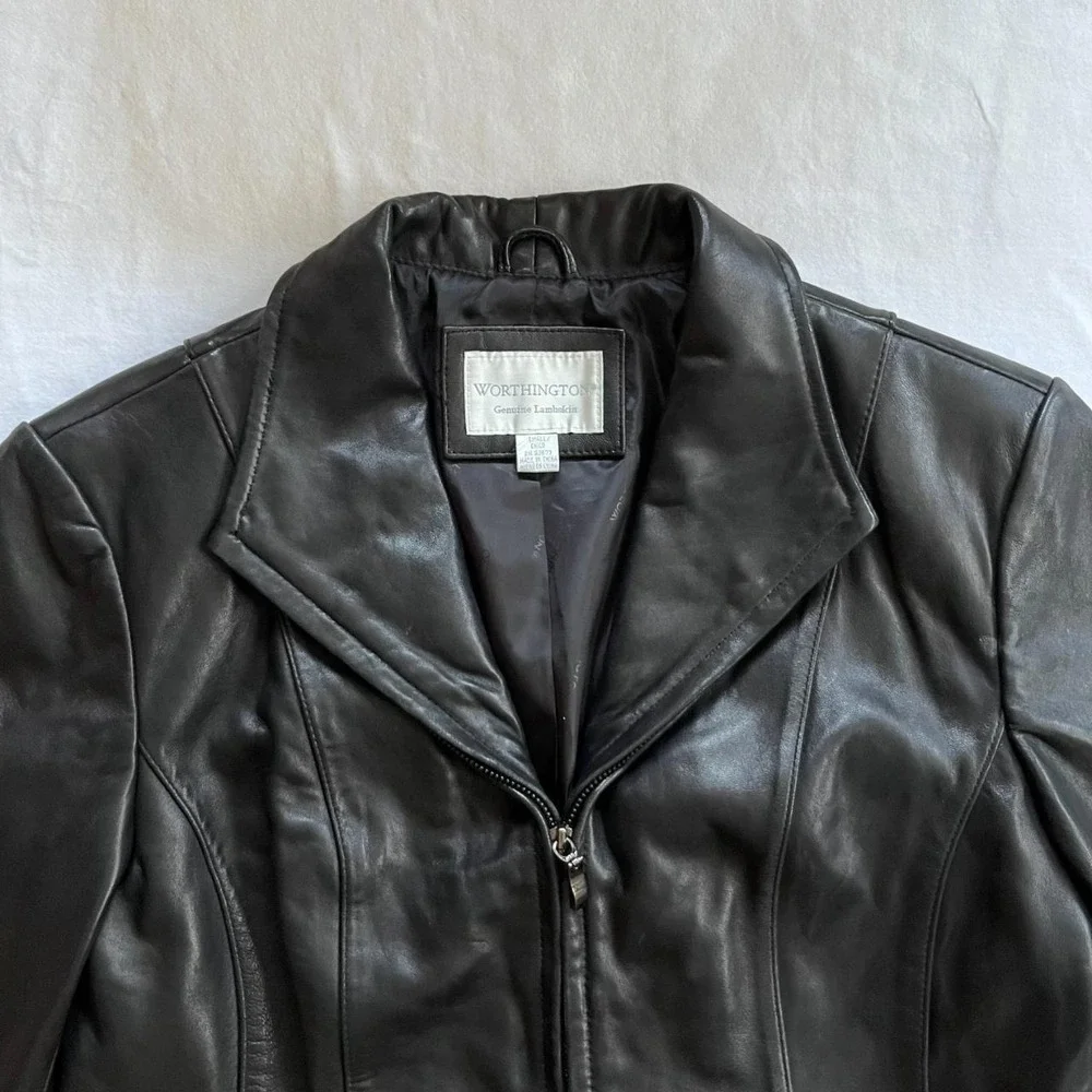 Vintage Worthington Leather Jacket Women Small Black Lambskin Zip Up Moto Y2K